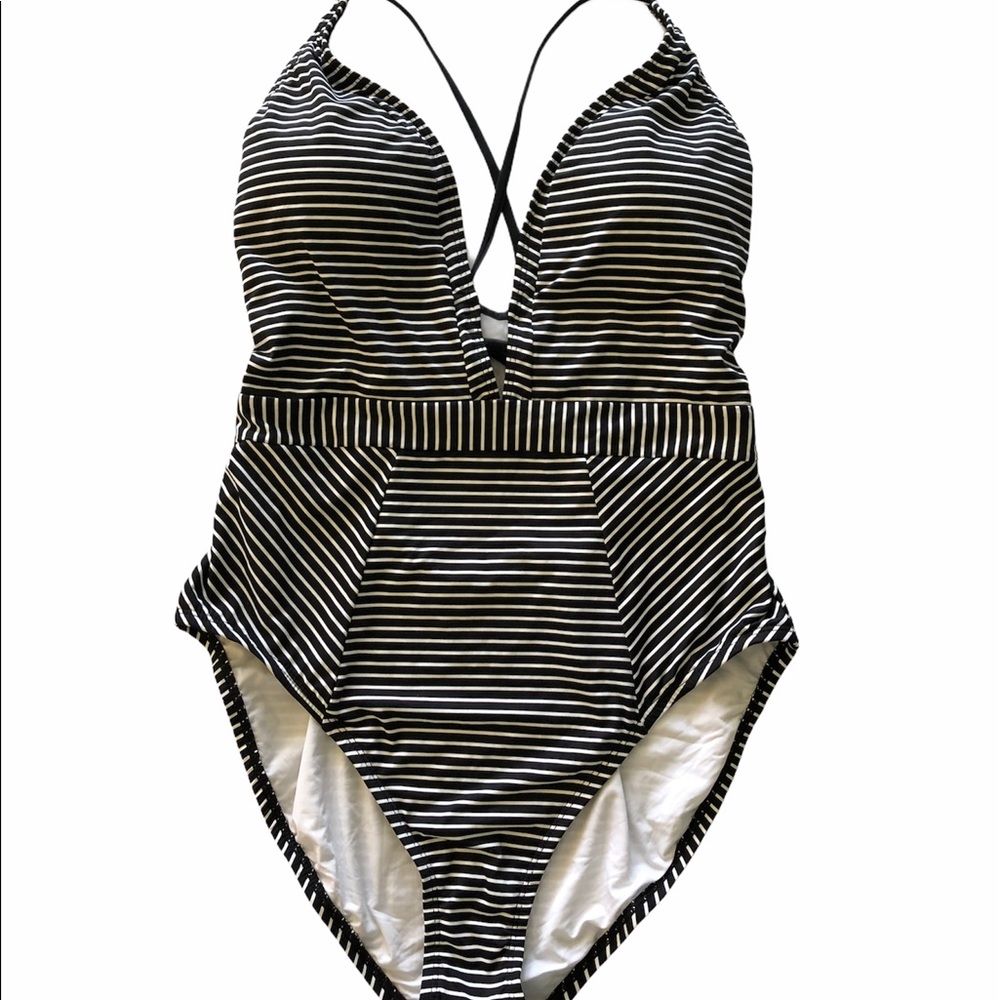 La Blanca Pin Stripes Plunge One Piece Swimsuit